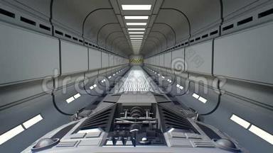 背景中的金星。 飞船飞出了隧道。 太空飞船飞入太空站门，三维动画